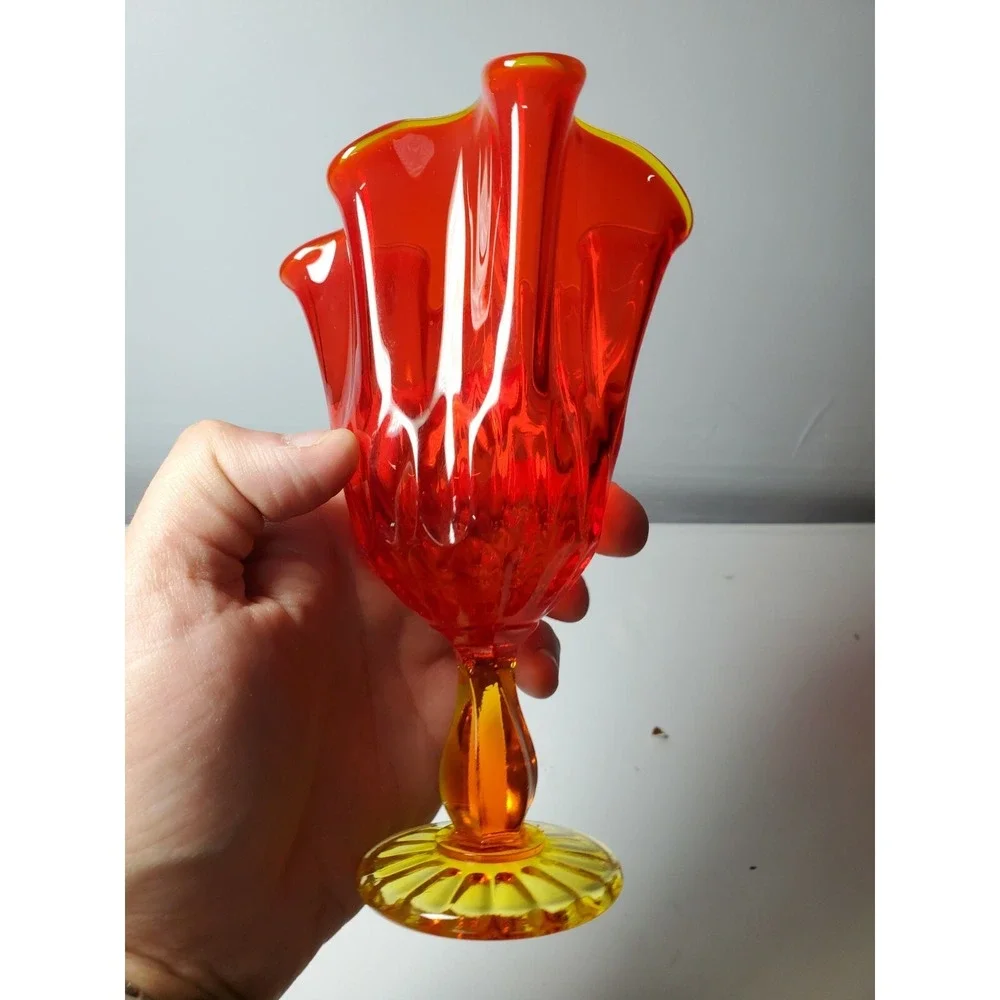 Vintage Fenton Glass Epic Petal Persimmon‎ Swung Stretch Vase/Compote/Bowl